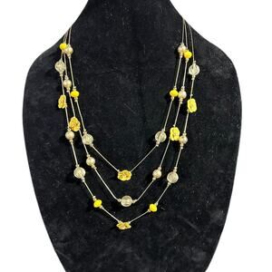 Yellow and Silver Floral Floating Necklace with Beads Layered Chain